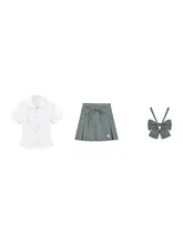 セットアップ 2点セット レディース 半袖シャツ チェック柄スカート ウエストシェイプ グリーン 制服 スクール 通学