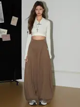 カジュアルな雰囲気の高腰ワイドレッグパンツ【ビンテージ風・カキ色・フィット】