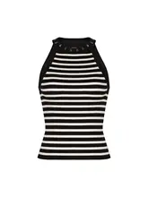 モダンなデザインのブラックホワイトストライプニットトップス【無袖・ラウンドネック・ビジュー付き】