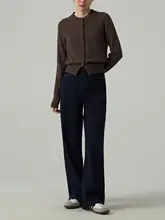 深い青のハイウエストストレートデニムパンツ【ルーズフィット・フレアデザイン・トレンド】