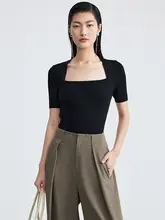 ROSELINGLING 高弾性フィット フランス風レトロスクエアネックニットTシャツ