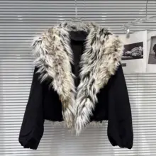 アメリカンスタイルのヒョウ柄ショートジャケット【ファーボア襟・裏地付き】（セットアップ対応）