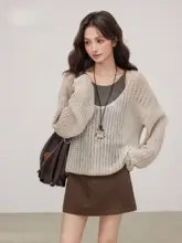 秋用レディースカフェカラーのニットトップスとボトムス【スタイル・韓国風・デザイン性高め】（セットアップ対応）