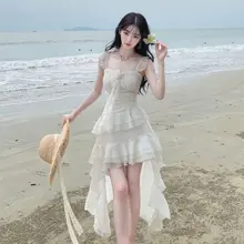 海辺のリゾートに最適！不規則デザインのキャミソールドレス【夏用・シフォン・ビーチスタイル】