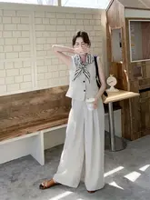 米白色の高級感あるスーツベストとワイドパンツ【夏用・カジュアル・女性用】（セットアップ対応）