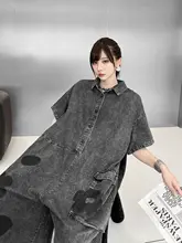 ユニークデザインの復古デニムオールインワン【短袖・フラワープリント・ゆったりシルエット】（セットアップ対応）