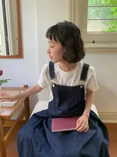 ポルカドットウォッシュドデニム サスペンダードレス【春用・学院風・バックストラップ】