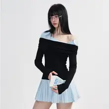 女性用オフショルダー衿付きプリーツワンピース【ウエストマーク・ニット・春夏向け】