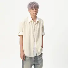 韓国風ストライプ半袖シャツ【メンズ・爽やかカジュアル・デザイン切替】