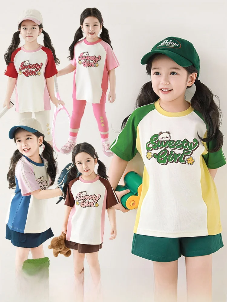 キッズ用中長丈カラーブロックプリントTシャツ：通気性・高弾力で夏の着心地を最適化