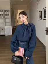 バタフライリボン付きデザインデニムシャツ【フレンチスタイル・ランタンスリーブ・セット】