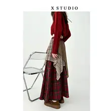 レディース レトロチェック柄ロングスカート【レース切替・冬用・大きいサイズ・不規則デザイン】