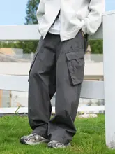 春秋用コットン製 メンズストレートパンツ【大口ポケット・ゆったり工装デザイン】