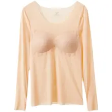 ブラ無しで着られる！極上の柔らかさの長袖薄透トップス【秋冬用・アイスシルク・胸パッド付き】