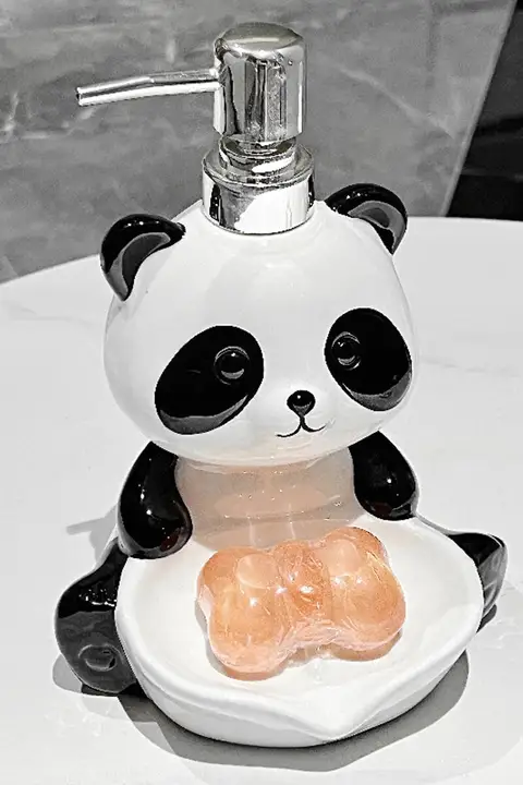 パンダデザインの陶製ソープディッシュ【水切り機能付き・ポンプボトル二合一・家庭用】