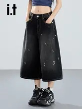 レトロなペンキ飛び散りデザインの七分丈ワイドデニムパンツ【ゆったりシルエット・デザイン性あり】