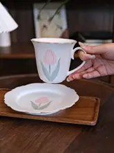 花柄デザインの陶器製カフェカップセット【高級感ある復古スタイル・景徳鎮製・ラテ用】