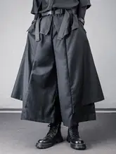 ダークスタイルのワイドレッグパンツ【フィット・九分丈・武士風デザイン】（セットアップ対応）