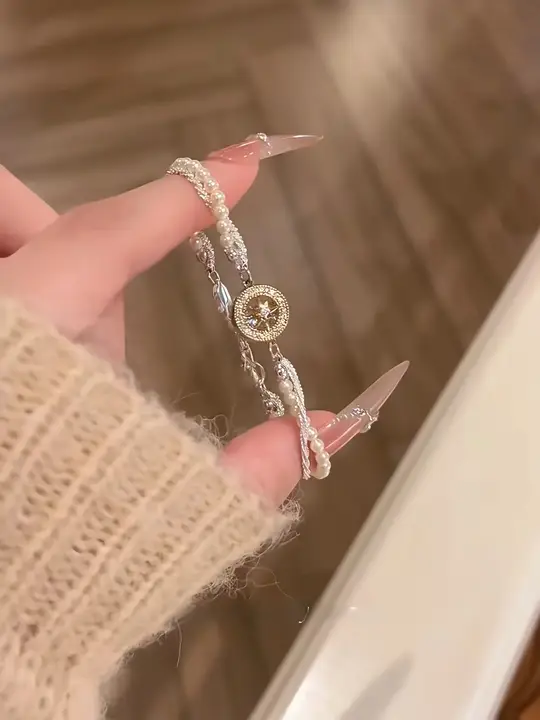 パールデザインの八方向星型ロザリオブレスレット【クリスタル装飾・女性用・高級感あるデザイン】