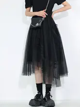 ハイウエスト不規則デザイン中長丈チュールスカート【Aライン・春夏用】