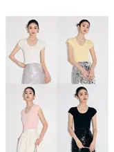 MandyZhang 天絲コットンシルク UネックTシャツ【フィット＆ショートスリーブ・フリル袖】
