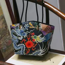 民族風デザインの刺繍トートバッグ【長ベルト・中式・龍と鳳凰刺繍】