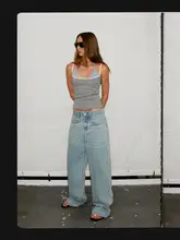 中腰不対称デザインのストレートデニムパンツ【フィット】