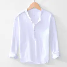 リネン混合の長袖Tシャツ【カジュアル・秋用・ルーズフィット・ラウンドネック】