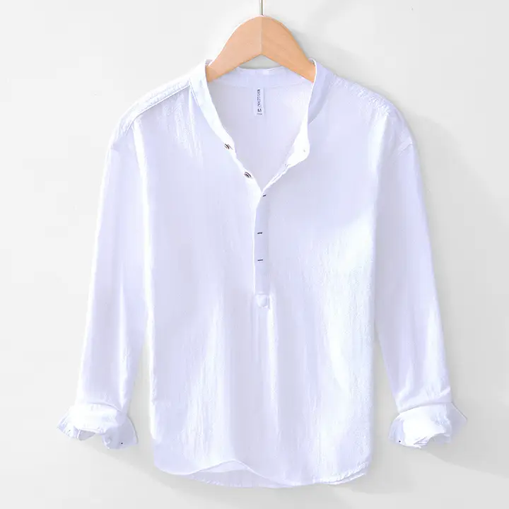 リネン混合の長袖Tシャツ【カジュアル・秋用・ルーズフィット・ラウンドネック】