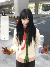 トレンディなカラーコンビネーションの長袖ニットカーディガン【感・柔らかな肌触り】