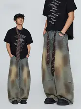 アメリカンスタイルのデザイン！ヴィンテージ風ダメージ加工デニムパンツ【ストリート＆ヒップホップ】（セットアップ対応）