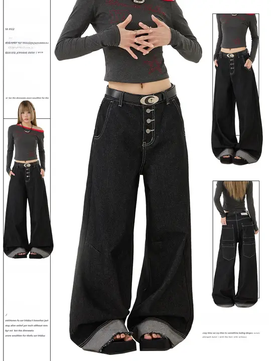 デニムパンツ レディース アメカジ ヴィンテージ バギー ワイド ストレート ダメージ加工 マルチポケット フロントボタン ルーズ 「Remedie」