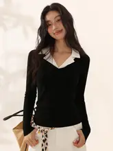 春向きのVネック長袖Tシャツ【コントラストカラー・フィット感・女性用・洗練されたデザイン】（セットアップ対応）
