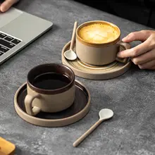 高級感のあるデザイン！粗陶製カフェカップ＆ソーサー【レトロスタイル・家庭用】（セットアップ対応）