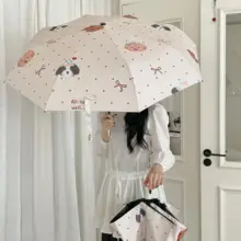 可愛い犬デザインのドット柄自動折りたたみ傘【日焼け防止・UVカット】