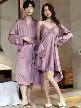 春秋夏用カップルパジャマ【長袖・アイスシルク・女性用キャミソールワンピース・男性用バスローブ・涼感タイプ・ホームウェア】（セットアップ対応）
