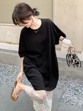 レース切替の黒Tシャツワンピース【ゆったりとしたデザイン・夏用・女性用】（セットアップ対応）
