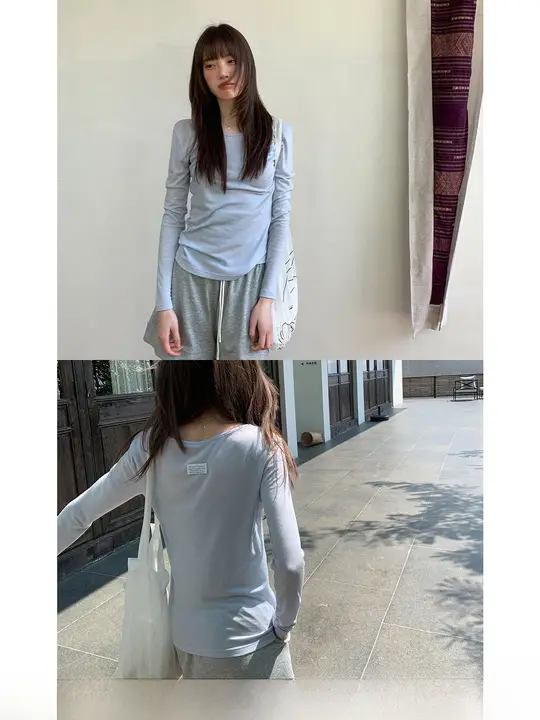 シンプルなデザインのラウンドネック長袖Tシャツ【アメリカンスタイル・女性用・夏向け・ゆったりシルエット】