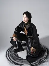 唐風ラウンドネックローブ【男女兼用・秋用・織金雲・黒色】