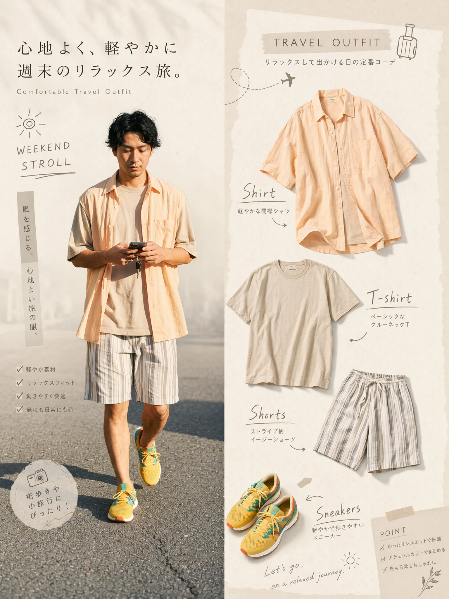 ベージュのクルーネックTシャツ、淡いオレンジの半袖シャツ、縦縞ショーツを合わせた夏らしいコーディネート