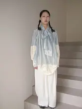 レース切り替えの中長袖ブラウス【系紐付き・女性用・秋の新作】