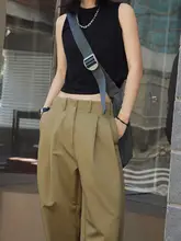 カーキ色 ワイドパンツ【ハイウエスト・したデザイン・カジュアル用】（セットアップ対応）
