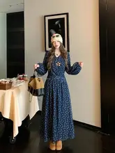 Vネック フラワープリントウエストリボン ワンピース【春秋対応・長袖・女性用】