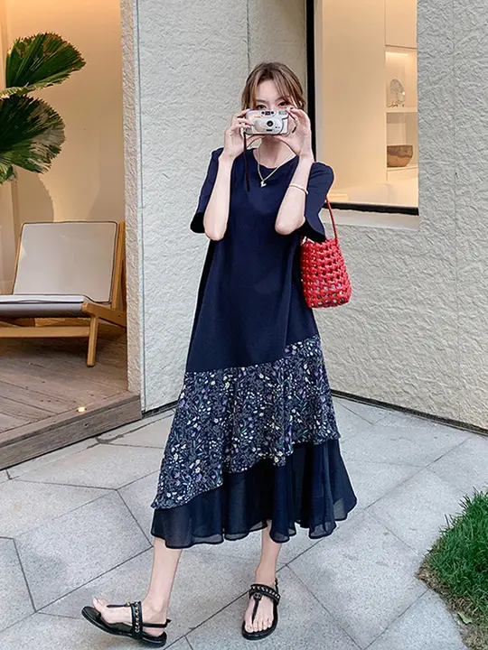 シルエット 薄手シフォンフラワードレス【夏用・ゆったり着心地・Tシャツドレス】（セットアップ対応）