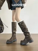 厚底レトロロングブーツ【ショートブーツ・ベルト付き・ライダーススタイル・女性用】