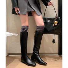 真皮製 ブラックロングブーツ【平底・後ろファスナー・ハイカット・スリム効果】
