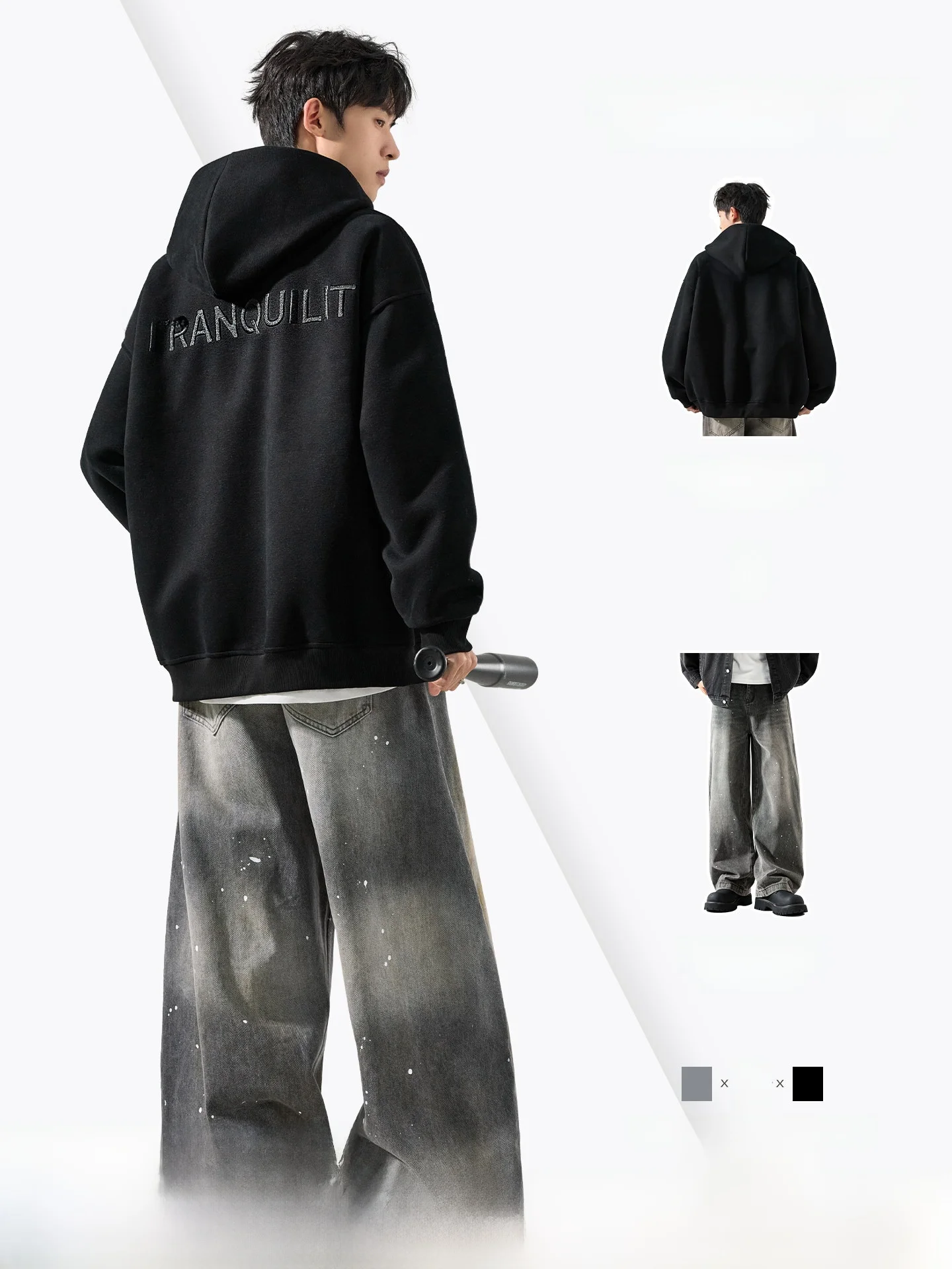 秋冬向け メンズ カジュアルジップトップスとデニムパンツのスタイリング