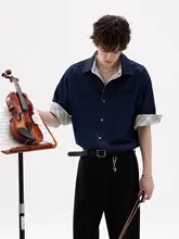 リバーシブルデザインのアイスシルクデニムチェック柄シャツ【夏用・ノーアイロン・抗シワ・ロールアップ袖】