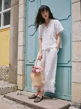 春風を感じる苎麻天絲花縁付きパンツ【ガーリー・九分丈・ランタンシルエット】
