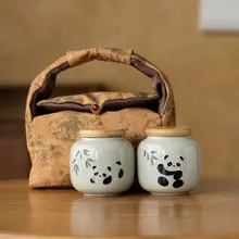 手描きパンダデザインの陶器製茶葉保存容器【密閉・中華風・防湿】